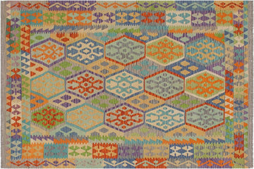 Flat Weave Kilim, Antique, Navaho, Vintage, Handmade, Geometric Kilim Blue Gray Hand-Woven Rectangle 100% Wool Area Rug 5 x 7